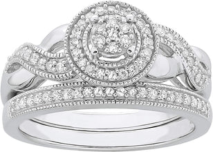 .925 Sterling Silver 1/4 Cttw Diamond Cluster Halo Milgrain Eternity Twist Engagement Ring & Wedding Band Bridal Set (H-I Color, I1-I2 Clarity)