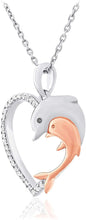 Two Tone 14K Rose Gold Plated .925 Sterling Silver 1/10 Cttw Diamond Two Dolphins Heart Pendant Necklace - 20” (I-J Color, I2-I3 Clarity)