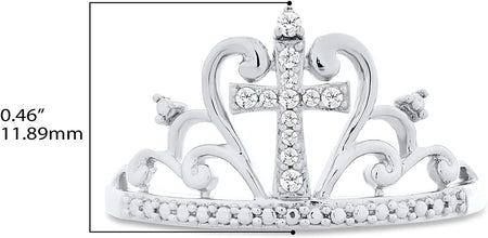 .925 Sterling Silver Diamond Accented Crown with Cross Band Style Ring (I-J Color, I2-I3 Clarity)