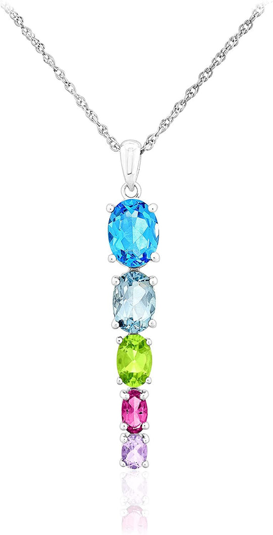 .925 Sterling Silver Oval Swiss Blue, Sky Blue & Pink Topaz, Peridot and Rose de France Graduated Stone Rainbow Pendant Necklace - 18"