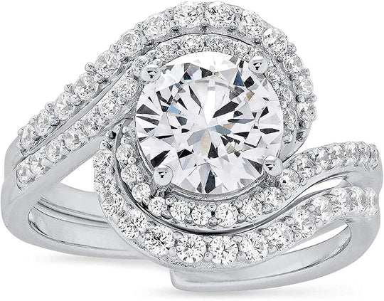 .925 Sterling Silver Round Cubic Zirconia Bypass Halo Engagement Ring & Guard Style Wrap Wedding Ring Bridal Set
