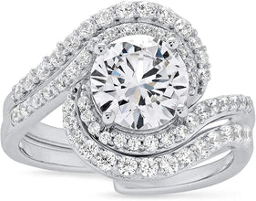 .925 Sterling Silver Round Cubic Zirconia Bypass Halo Engagement Ring & Guard Style Wrap Wedding Ring Bridal Set