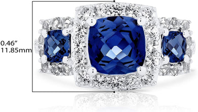 .925 Sterling Silver, Cushion Cut Lab-Grown Blue Sapphire & Round Lab-Grown White Sapphire Halo Engagement or Anniversary Ring
