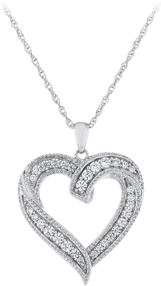 .925 Sterling Silver Cubic Zirconia Twisted Ribbon Heart Pendant Necklace with 18" Rope Chain