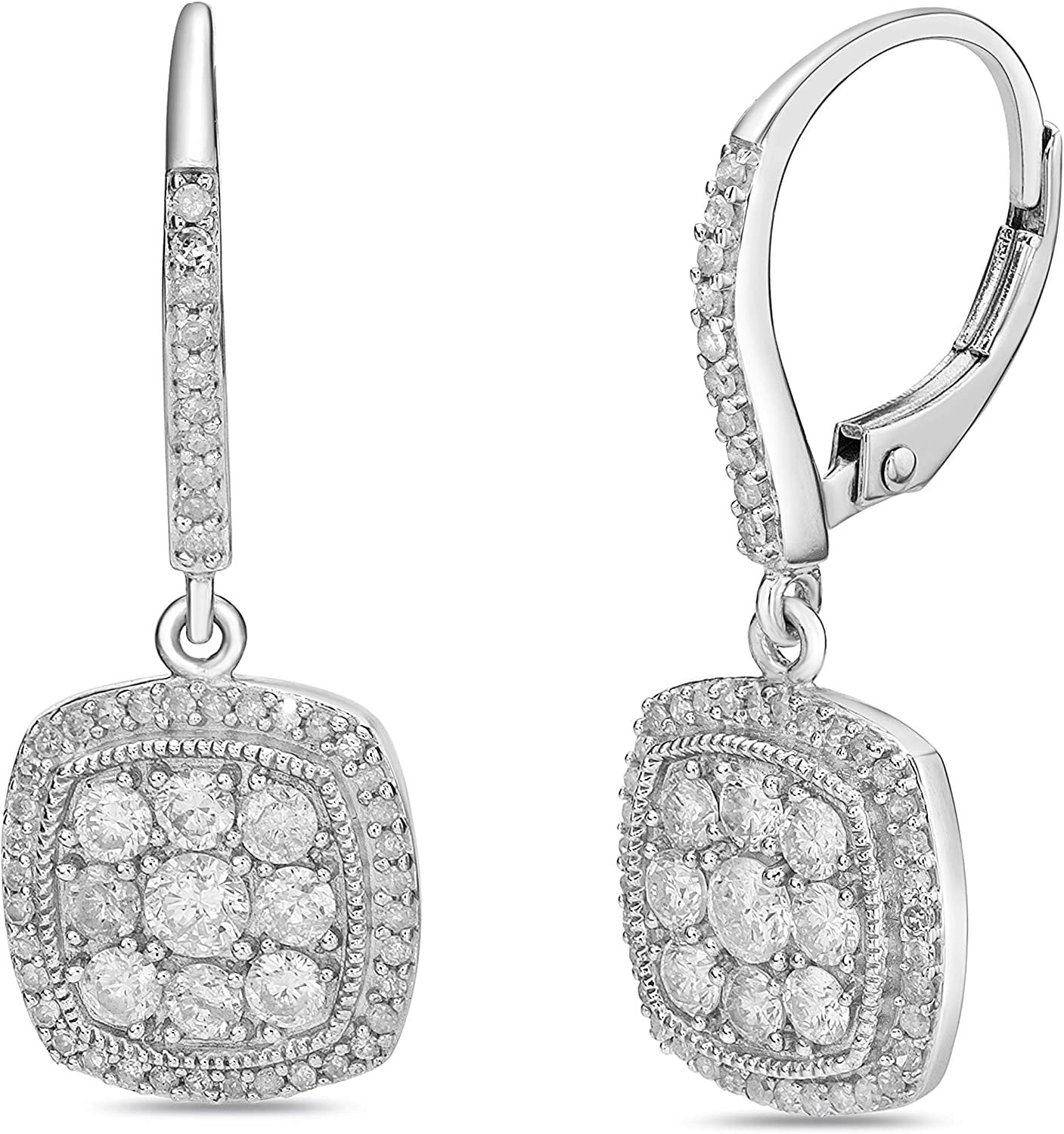 .925 Sterling Silver & 1.0 Cttw Diamond Cluster with Halo 1” Square Cushion Shaped Leverback Dangle Earrings (I-J Color, I2-I3 Clarity)
