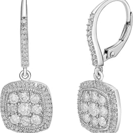 .925 Sterling Silver & 1.0 Cttw Diamond Cluster with Halo 1” Square Cushion Shaped Leverback Dangle Earrings (I-J Color, I2-I3 Clarity)