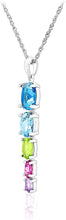 .925 Sterling Silver Oval Swiss Blue, Sky Blue & Pink Topaz, Peridot and Rose de France Graduated Stone Rainbow Pendant Necklace - 18