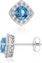 .925 Sterling Silver Swiss Blue Cushion Shape Topaz & Lab Created White Sapphire Halo Earrings