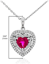 .925 Sterling Silver Heart Created Ruby & Round Created White Sapphire Double Halo Pendant Necklace - 18