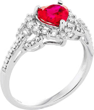 .925 Sterling Silver, Heart Cut Lab-Grown Ruby & Round Lab-Grown White Sapphire Halo Engagement or Anniversary Ring