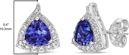 .925 Sterling Silver Trillion Cut Birthstone & Created White Sapphire Halo Stud Earrings - Choice of Birthstone/Month