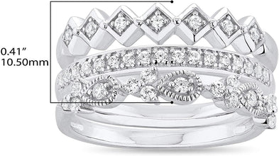 .925 Sterling Silver Round Cubic Zirconia Half-Eternity, Milgrain Pear and Geometric Square Stacking Bands - 3-Ring Set