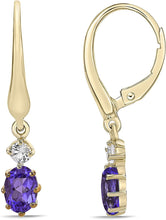 14K Yellow Gold Plated .925 Sterling Silver Oval Cut Birthstone & Created White Sapphire Leverback Dangle Earrings - Choice of Birthstone/Month