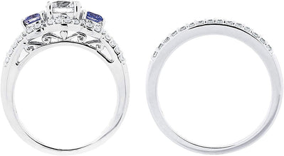 .925 Sterling Silver White Cubic Zirconia & Swarovski Fancy Blue Cubic Zirconia Bridal Rings Set