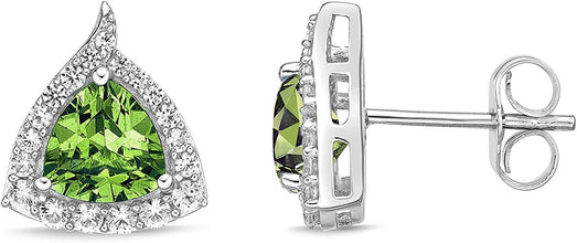 .925 Sterling Silver Trillion Cut Birthstone & Created White Sapphire Halo Stud Earrings - Choice of Birthstone/Month