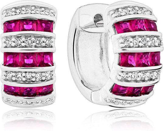 .925 Sterling Silver, Red Princess Cut Lab Grown Ruby & Lab Grown White Sapphire 5/8" Alternating Stone Channel Set Wide Hoop Style Huggie Earrings