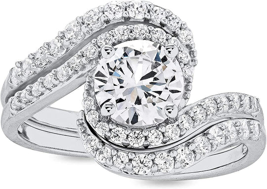 .925 Sterling Silver Round Cubic Zirconia Bypass Halo Engagement Ring & Guard Style Wrap Wedding Ring Bridal Set