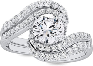 .925 Sterling Silver Round Cubic Zirconia Bypass Halo Engagement Ring & Guard Style Wrap Wedding Ring Bridal Set