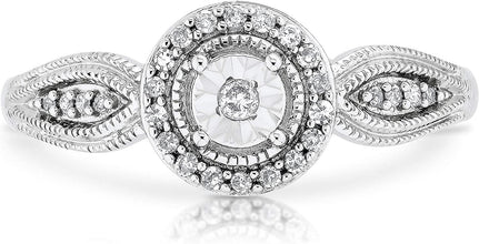 .925 Sterling Silver 1/8 Cttw Diamond Miracle Set Halo Milgrain Promise Ring with Flared Band (I-J Color, I2-I3 Clarity)