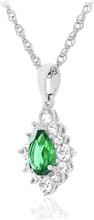 .925 Sterling Silver, Pear Cut Lab-Grown Emerald & Round Lab-Grown White Sapphire Halo Teardrop 18” Pendant Necklace