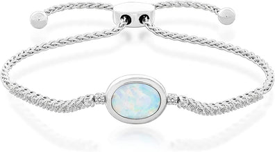 .925 Sterling Silver Oval Created White Opal & Created White Sapphire Bezel Set Bolo Bracelet - Adjustable to 9-1/2