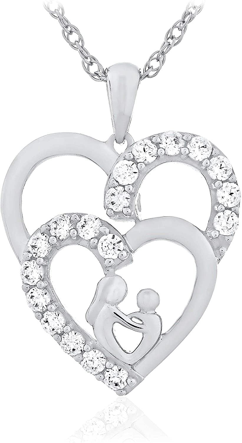 .925 Sterling Silver White Cubic Zirconia Silhouetted Mother & Child inside Double Hearts Dangling Pendant Necklace with 20" Rope Chain
