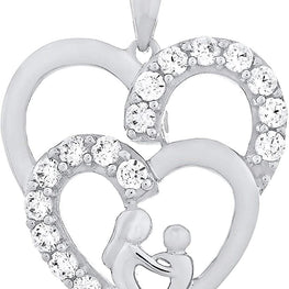 .925 Sterling Silver White Cubic Zirconia Silhouetted Mother & Child inside Double Hearts Dangling Pendant Necklace with 20" Rope Chain