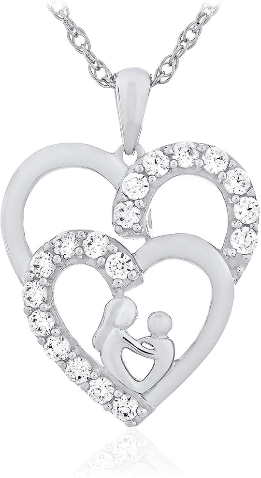 .925 Sterling Silver White Cubic Zirconia Silhouetted Mother & Child inside Double Hearts Dangling Pendant Necklace with 20" Rope Chain