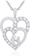 .925 Sterling Silver White Cubic Zirconia Silhouetted Mother & Child inside Double Hearts Dangling Pendant Necklace with 20