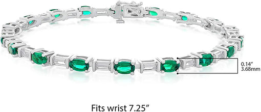 .925 Sterling Silver, Oval Lab-Grown Gemstone & Baguette Cut Lab-Grown White Sapphire Alternating Link Tennis Bracelet - 7-1/4