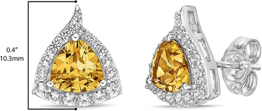 .925 Sterling Silver Trillion Cut Birthstone & Created White Sapphire Halo Stud Earrings - Choice of Birthstone/Month