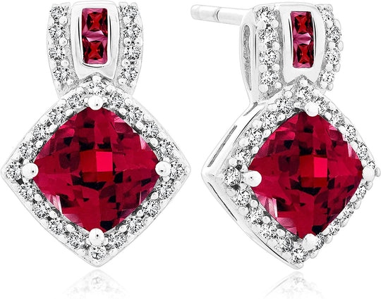 .925 Sterling Silver, 3-1/5 Cttw Cushion & Princess Cut Lab-Grown Red Ruby & Lab-Grown White Sapphire 5/8" Halo Drop Stud Earrings