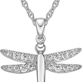 .925 Sterling Silver & White Cubic Zirconia Dragonfly Dangling Pendant Necklace with Rope Chain - 20”