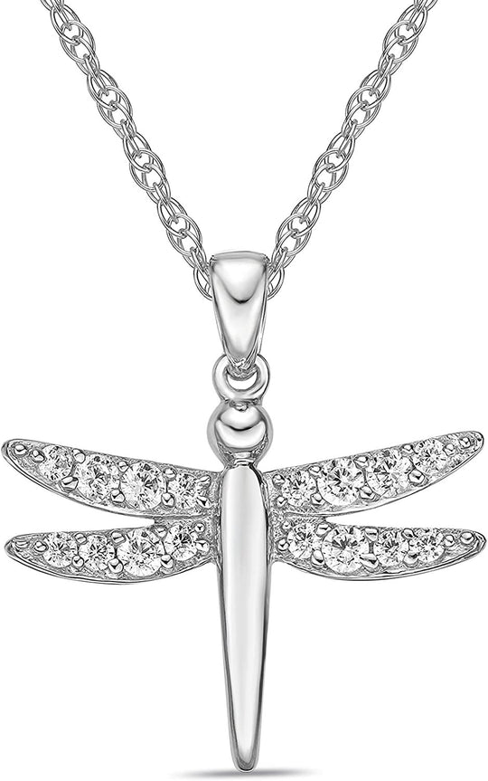 .925 Sterling Silver & White Cubic Zirconia Dragonfly Dangling Pendant Necklace with Rope Chain - 20”