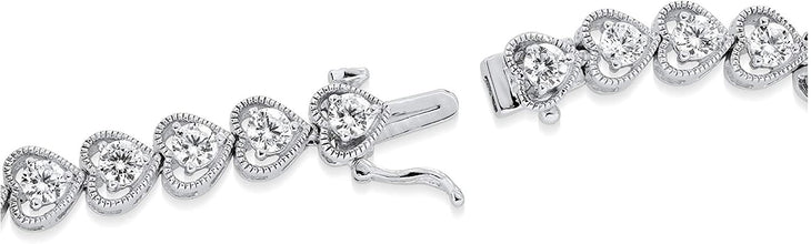 .925 Sterling Silver Cubic Zirconia Heart Link Milgrain Tennis Bracelet - 7-1/4