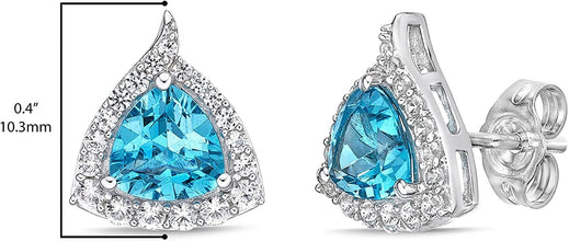 .925 Sterling Silver Trillion Cut Birthstone & Created White Sapphire Halo Stud Earrings - Choice of Birthstone/Month
