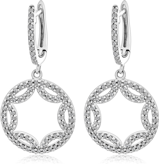 .925 Sterling Silver 1/2 Cttw Diamond Scalloped Circle Huggie Drop Earrings (I-J Color, I3 Clarity)