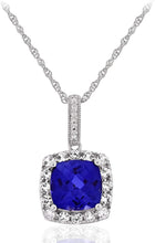 .925 Sterling Silver, Cushion Cut Lab-Grown Blue Sapphire & Lab-Grown White Sapphire Halo Drop Style Pendant Necklace - 18”