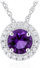 .925 Sterling Silver Birthstone & Lab Grown White Sapphire or CZ Halo Pendant Necklace on 18