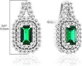 .925 Sterling Silver 1/2 Cttw Emerald Shape Created Emerald and Round Created White Sapphire Double Halo Earrings
