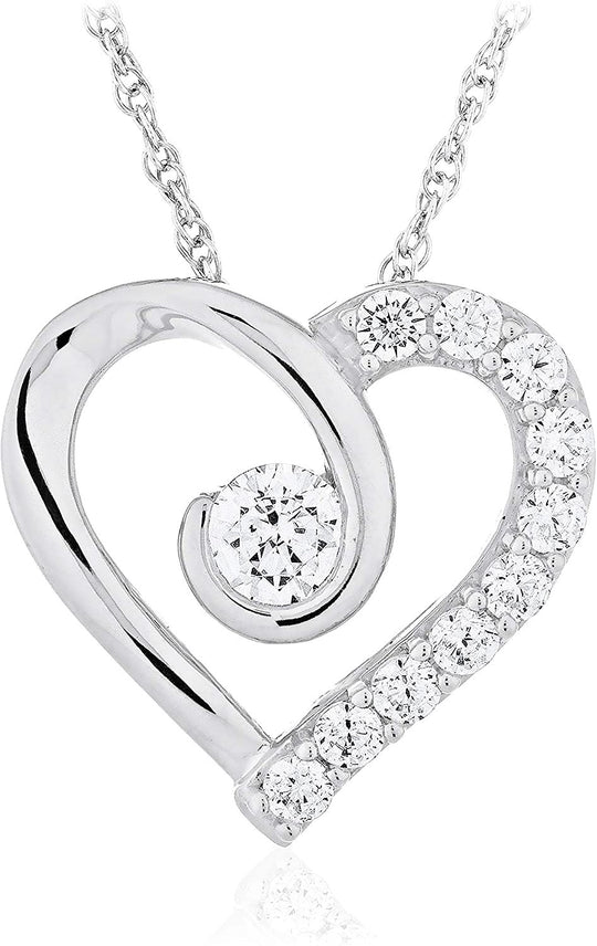 .925 Sterling Silver Round Shape Cubic Zirconia Center-stone Swirled Heart Pendant Necklace on 18" Rope Chain