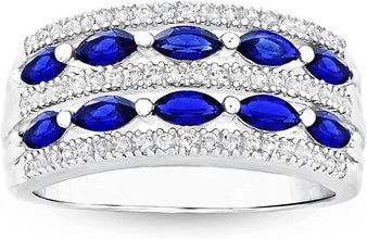 .925 Sterling Silver Lab Grown Blue and White Sapphire Five Row Ring