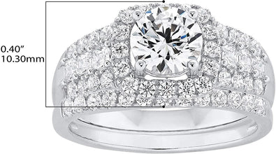 .925 Sterling Silver & Round and Princess Cut Cubic Zirconia with Halo Engagement Ring and Half Eternity Style Wedding Band Bridal Set