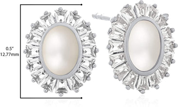 .925 Sterling Silver, 7-7.5mm Oval Freshwater Cultured White Pearl & Trapezoid Shaped Lab-Grown White Sapphire Halo Pushback Stud Earrings