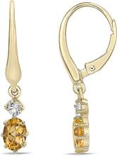 14K Yellow Gold Plated .925 Sterling Silver Oval Cut Birthstone & Created White Sapphire Leverback Dangle Earrings - Choice of Birthstone/Month
