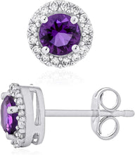 .925 Sterling Silver Birthstone and Lab Grown White Sapphire or CZ Halo Stud Earrings - Choice of Gem Color/Month
