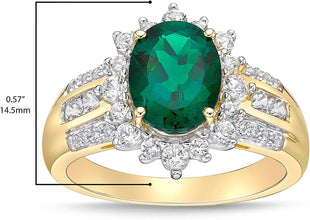 10K Yellow Gold, Lab Created Oval Gemstone & Lab Created White Sapphire Starburst Halo Fluted Cathedral Style Engagement Ring - Choice of Color