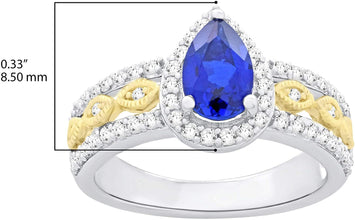 10K Yellow Gold Plated .925 Sterling Silver & Pear Cut Lab-Grown Blue Sapphire & Lab-Grown White Sapphire Halo Milgrain Engagement Ring