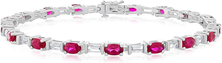 .925 Sterling Silver, Oval Lab-Grown Gemstone & Baguette Cut Lab-Grown White Sapphire Alternating Link Tennis Bracelet - 7-1/4