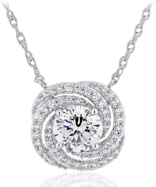 .925 Sterling Silver Round Cubic Zirconia Pinwheel Spiral Double Halo Pendant Necklace with 18" Rope Chain